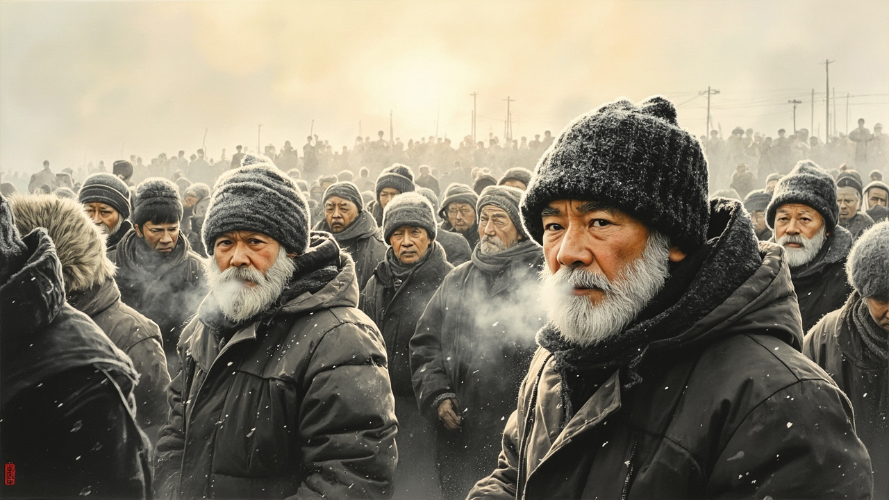 羞怯的红日初出,照耀着人们结满霜花的眉毛和胡须,人嘴里冒着粉红色的白雾。