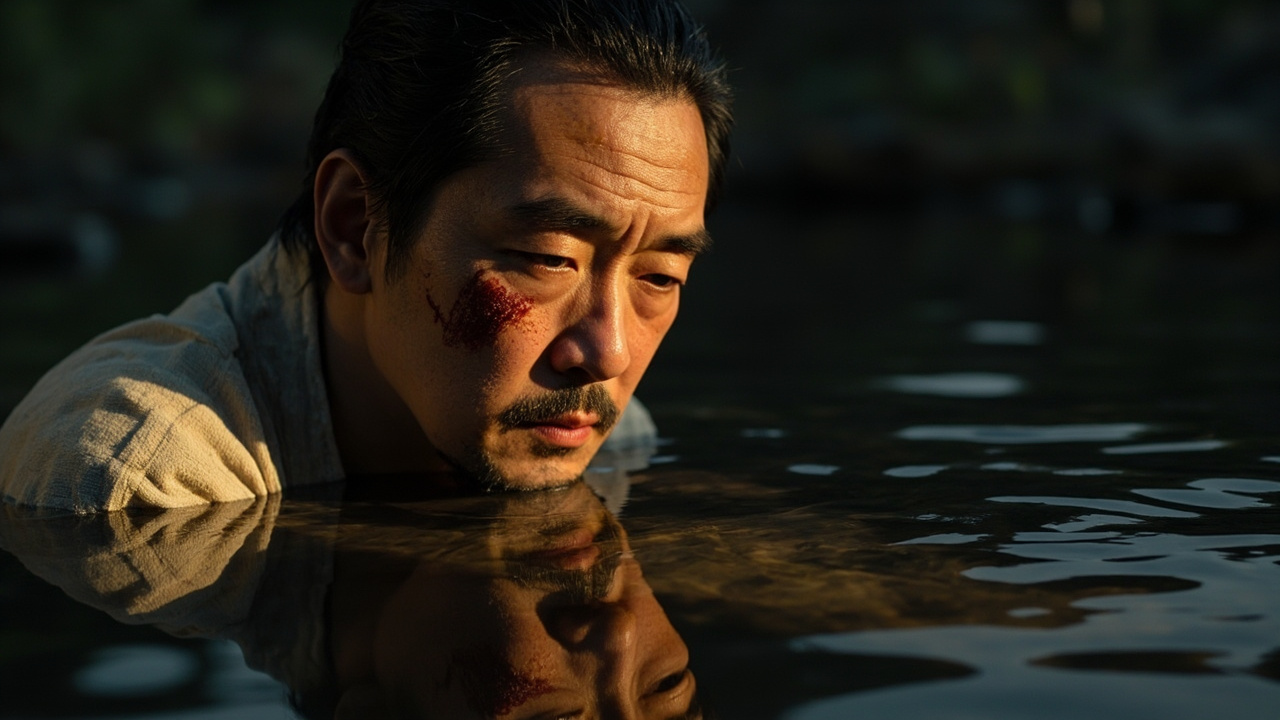 池塘里那些积蓄了三十年的雨水像柠檬油一样,水面上照出了他憔悴的面容和腮帮子上那道新刻的刀痕。