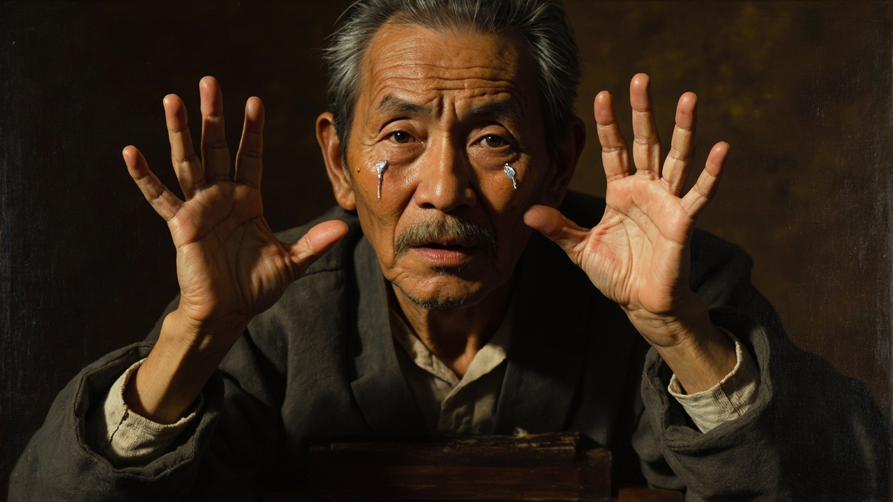 他把双手从小板凳里摘下来，高高举起来，嘴里“脱脱脱”着，模仿着，比量着。