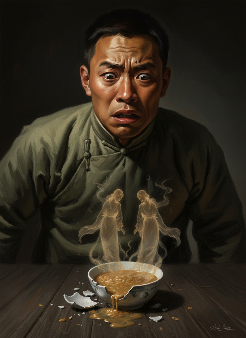 他端起粥碗，用残存在一片浑浊中的清醒意识强迫自己喝，但眼睛一触到稀粥，就看到有两只乳房从碗里活生生地升起来，粥碗掉在地上，砸成了碎片。