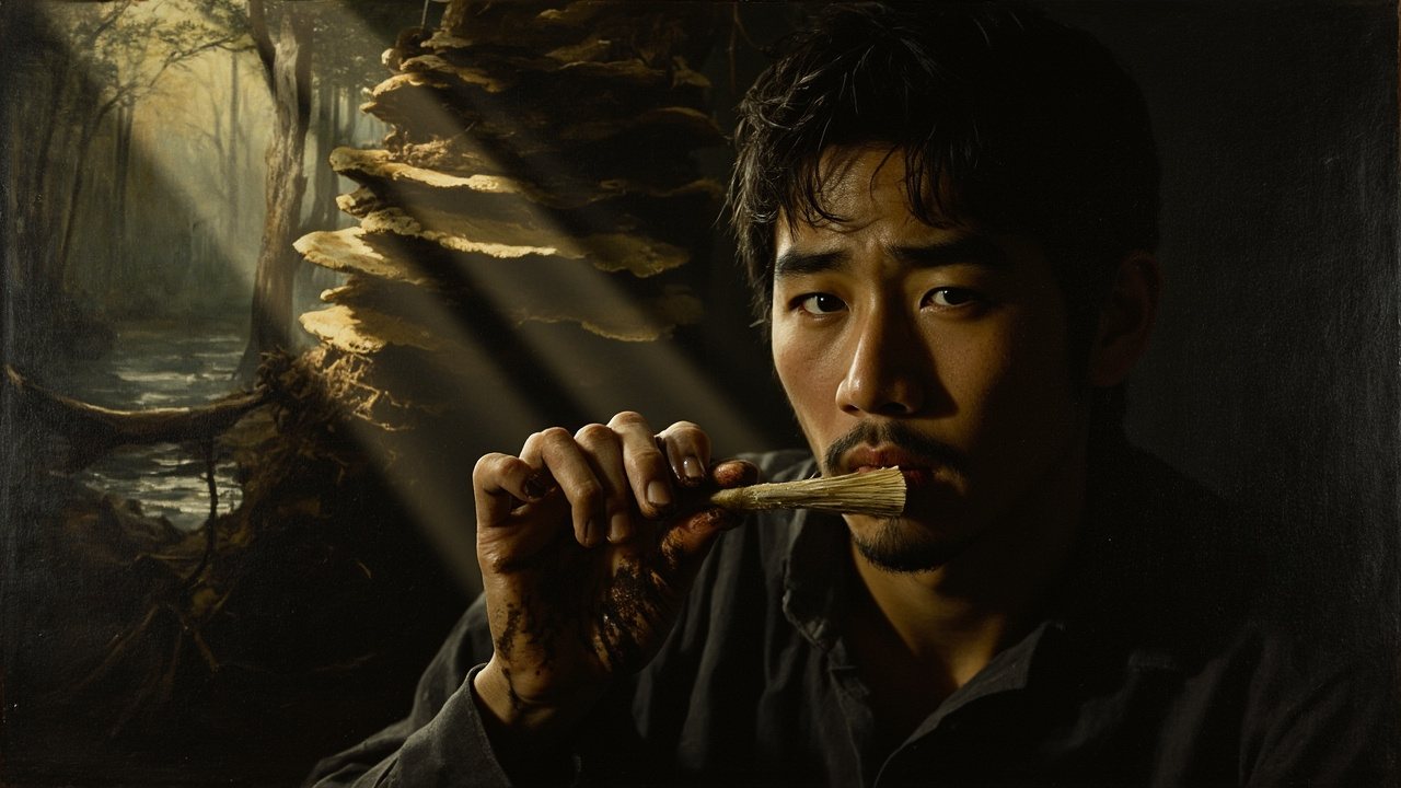 中午的时候，他从一棵躺在水边的腐烂树干上，掰下一片白色的木耳，试探着尝了尝，木耳脆生生的，有一股淡淡的辛辣味道。
