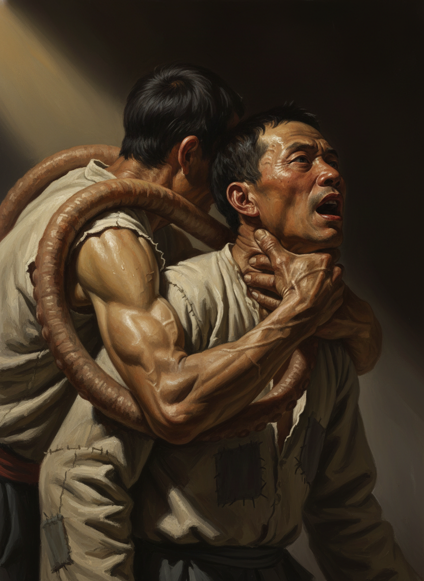 他那两只特别发达的长臂像章鱼的腕足一样搭在鸟儿韩的肩膀上，同时，那两只长满厚茧、铁一样坚硬、凝聚着他全身力道的大手，牢牢地扼住了鸟儿韩的咽喉。