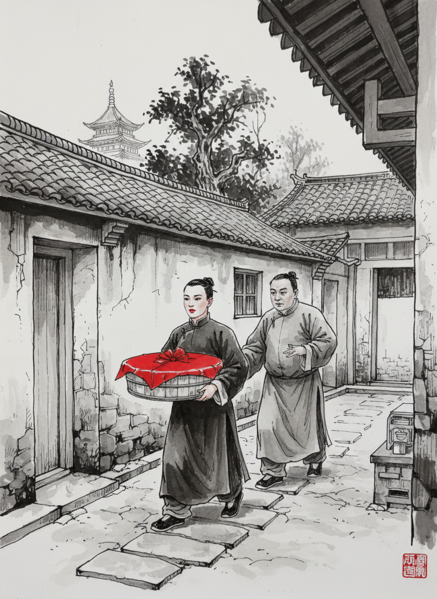 后来，一个唇红齿白的小军官，提着一大盆用红纸蒙顶的礼品，在区委秘书的陪伴下，进入上官家的院子。
