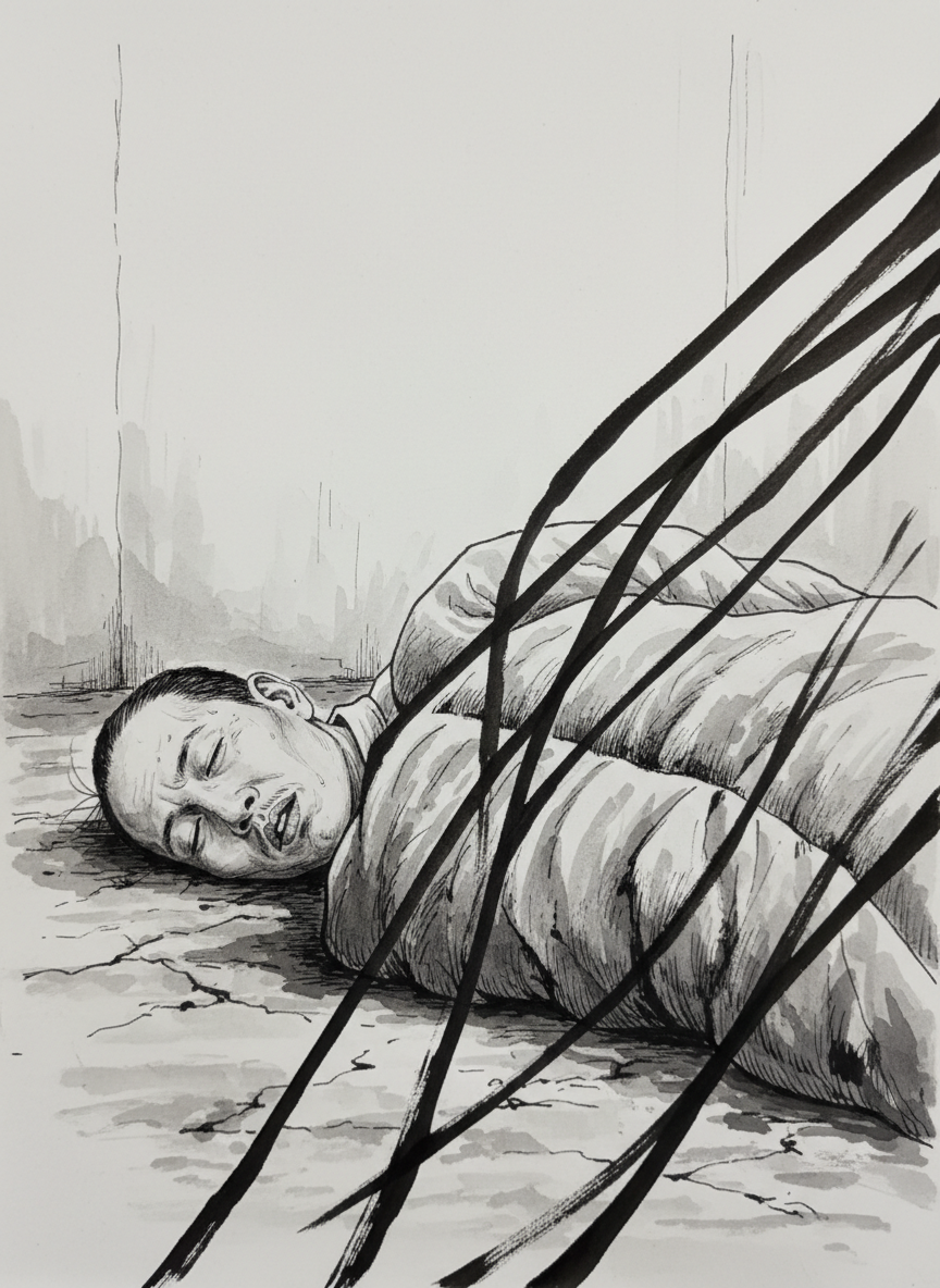 他软绵绵地瘫在地上，冷汗把他的被子都溻透了。