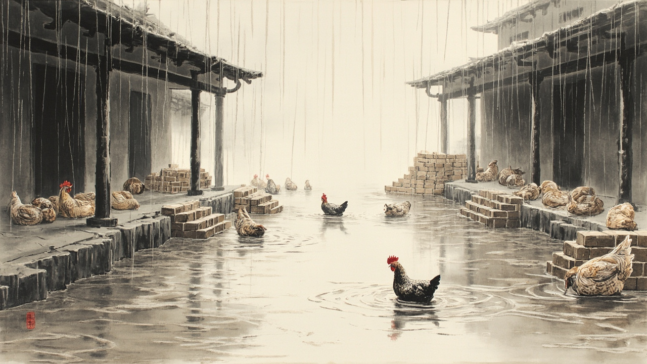 院子里,清水与浊水交错着流淌,几只死鸡,在水面上漂着,几只活着的鸡,蹲在墙边的砖垛上,紧缩着脖子,流着鼻涕、痛苦地唧唧着。