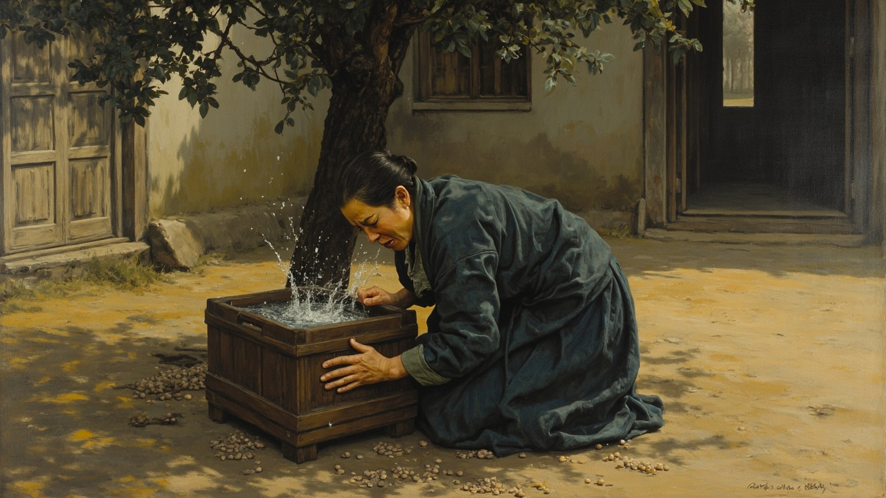 她用手捂着嘴巴,跑到杏树下那个盛满清水的大木盆边,扑地跪下,双手扶住盆沿,脖子抻直,嘴巴张开,哇哇地呕吐着,一股很干燥的豌豆,哗啦啦地倾泻到木盆里,砸出了一盆扑扑簌簌的水声。