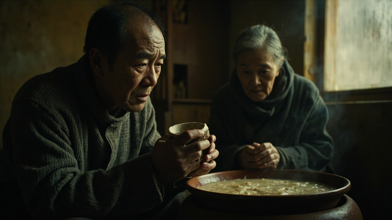 上官金童的泪水滴落在碗中,说:“不,娘,不嫌。”