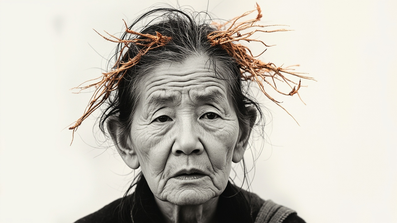 那满头的黑发几乎脱落干净,只剩下几绺肮脏的铁锈色的乱毛遮盖着枯萎的脑门。