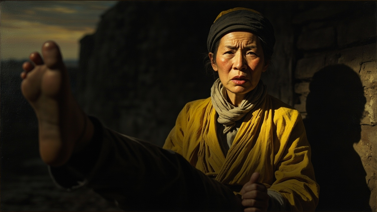 他喊了一阵话,把电喇叭背起来,然后走到上官鲁氏身边,对准她的膝盖踢了一脚,说:“跪下!”