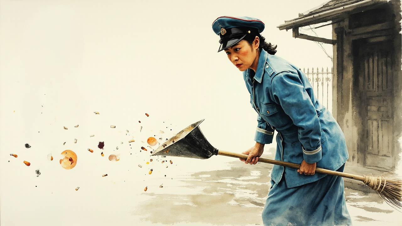 一个睡眼惺忪的女人,身穿蓝色的制服,戴着大檐帽,左手提着一个铁簸箕,右手拖着一把笤帚,浮皮潦草地扫着地上的烟头和果皮,急匆匆地走过来。