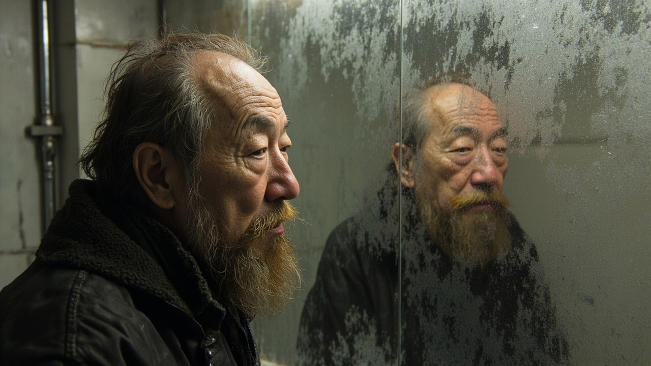 昨天晚上,在脏乱的厕所里,面对着墙上一块水银漶漫的镜子,他看到了自己笨重的大头。