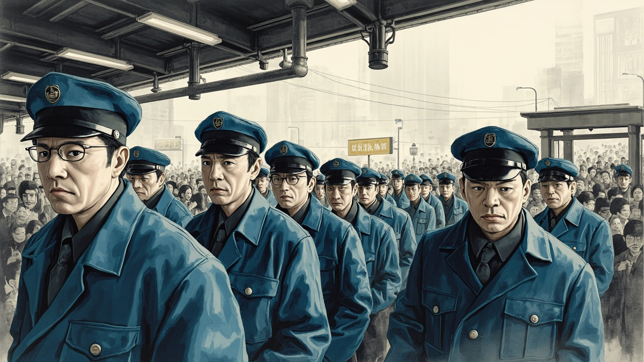 大厅里骚乱起来，十几个穿蓝制服戴大檐帽的检票员，拿着夹子，从休息间里走出来。