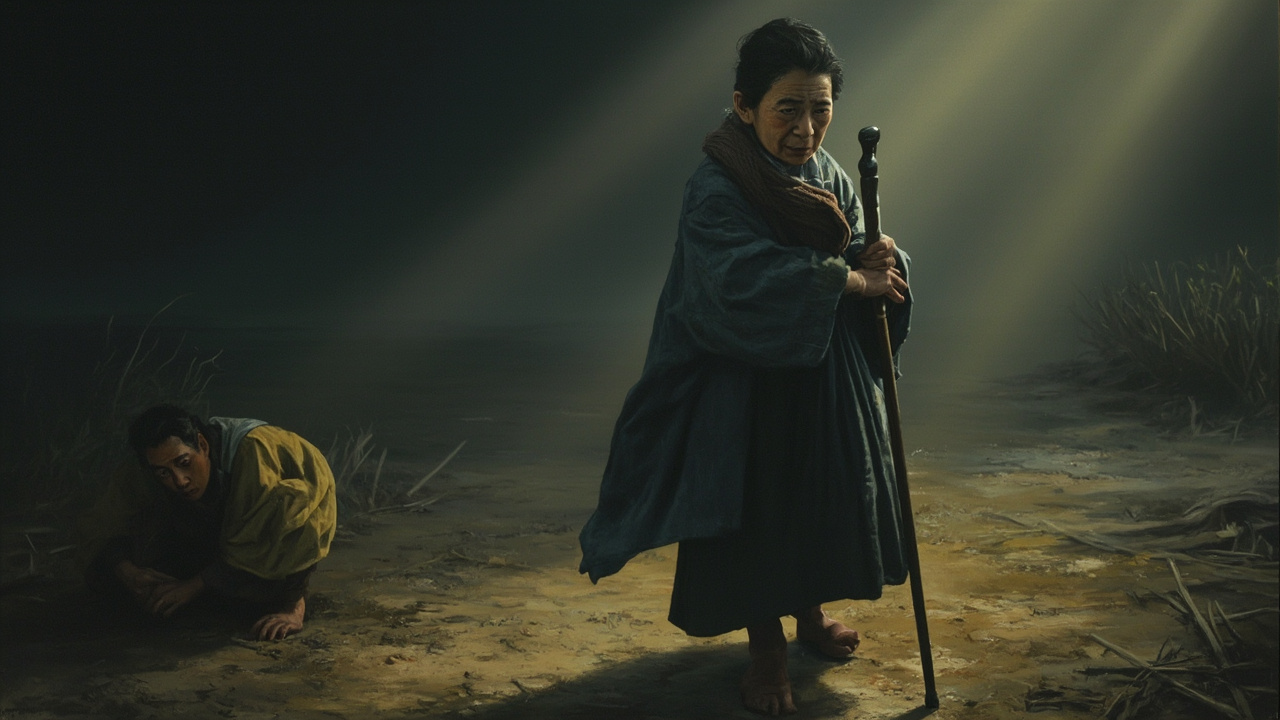 她什么也没说,只是盯了他一阵子,便用拐棍笃笃地戳着地,转回到屋前去了。