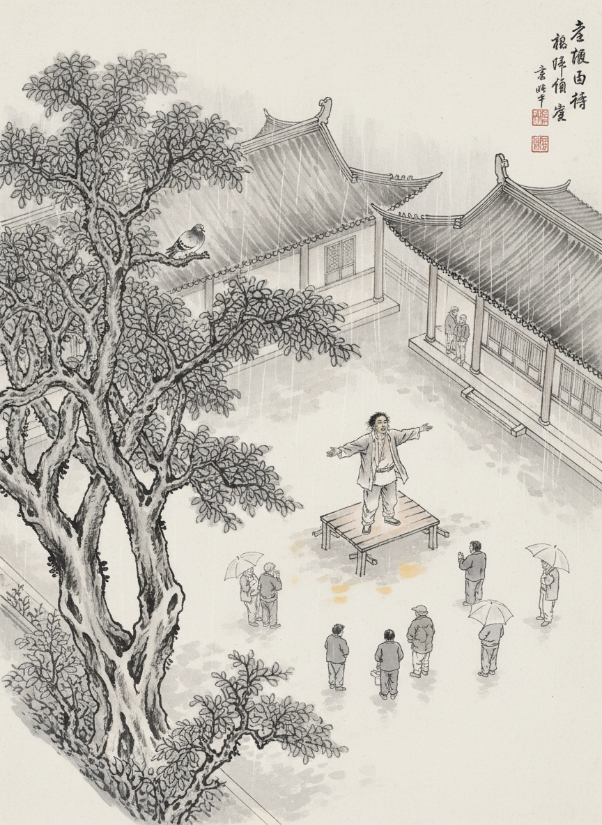 又是细雨纷纷的春天了,他在细雨中飞行着,一抿翅膀落在了广场边缘的国槐树上,看着精神病人高大胆在演讲。