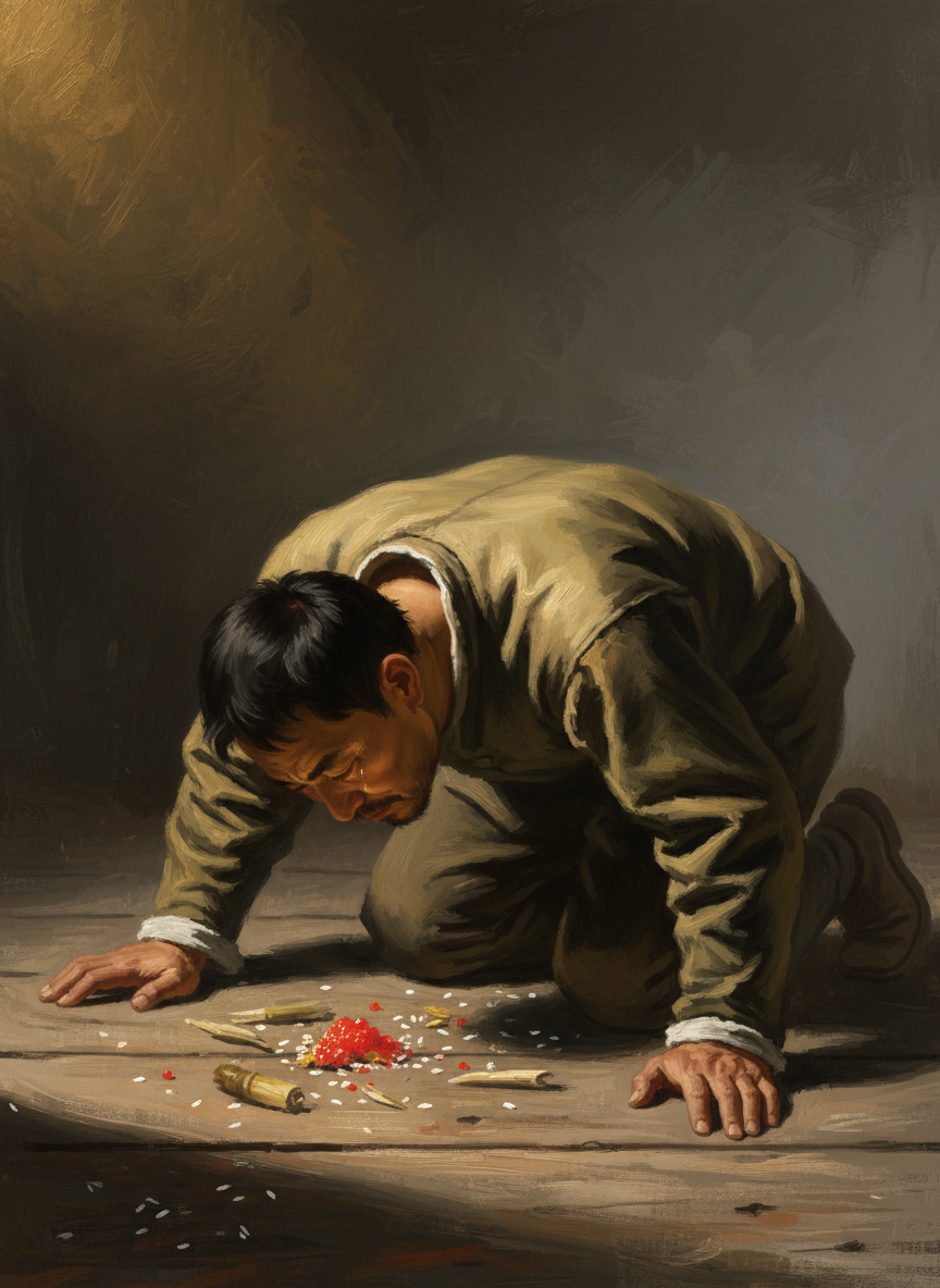 后来,警察和法官紧密配合,把上官金童按在地上,让他把那些乌鱼蛋花子、竹笋片儿什么的,统统舔着吃了。