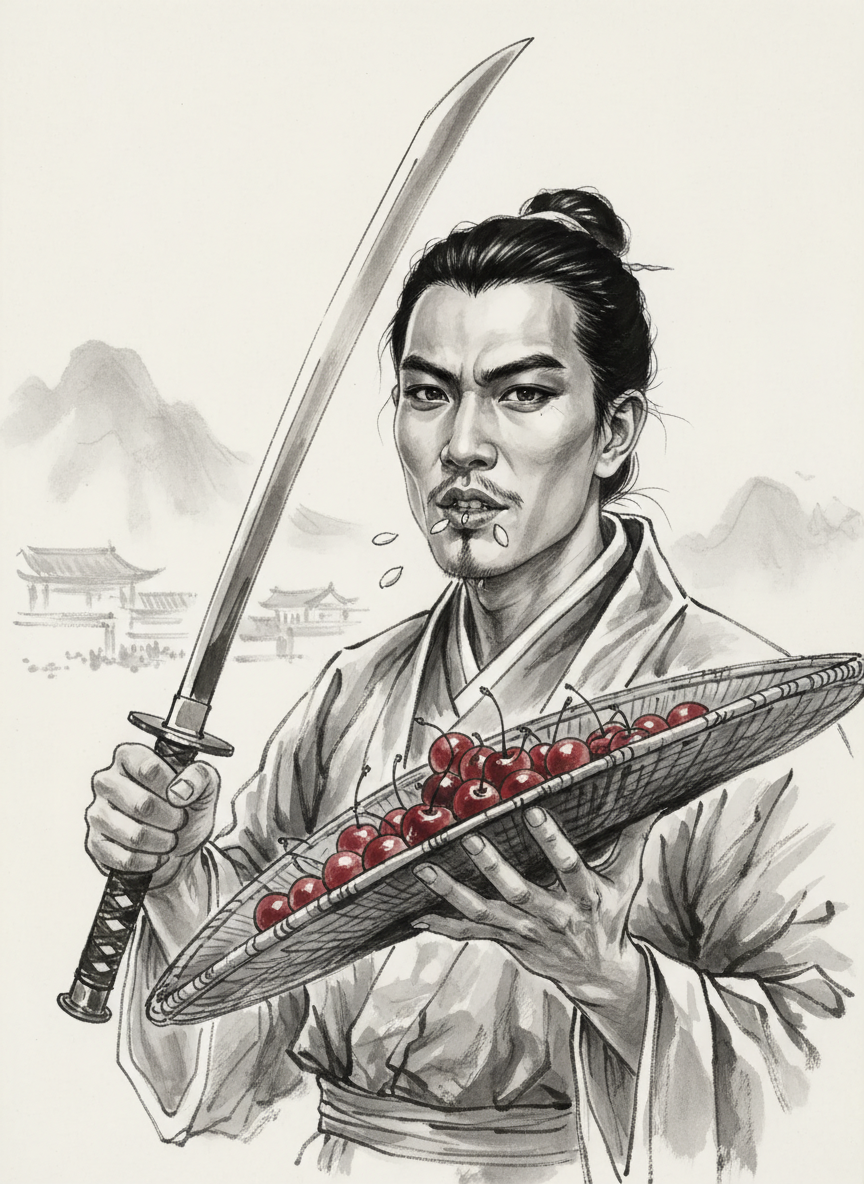 一手仗剑,一手托着帽子,帽子里盛满玛瑙般的红樱桃,愉快地吃着,吐着白籽儿,表示着对敌手的极度蔑视。