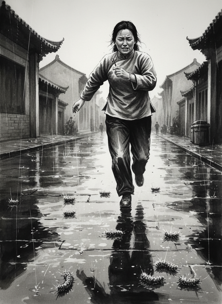 这个女人显然处在半疯半狂的状态,一九九一年三月八日凌晨的人民大街上积存着一汪汪的雨水,雨水里浸泡着一条条毛毛虫似的杨花,冷气逼人。