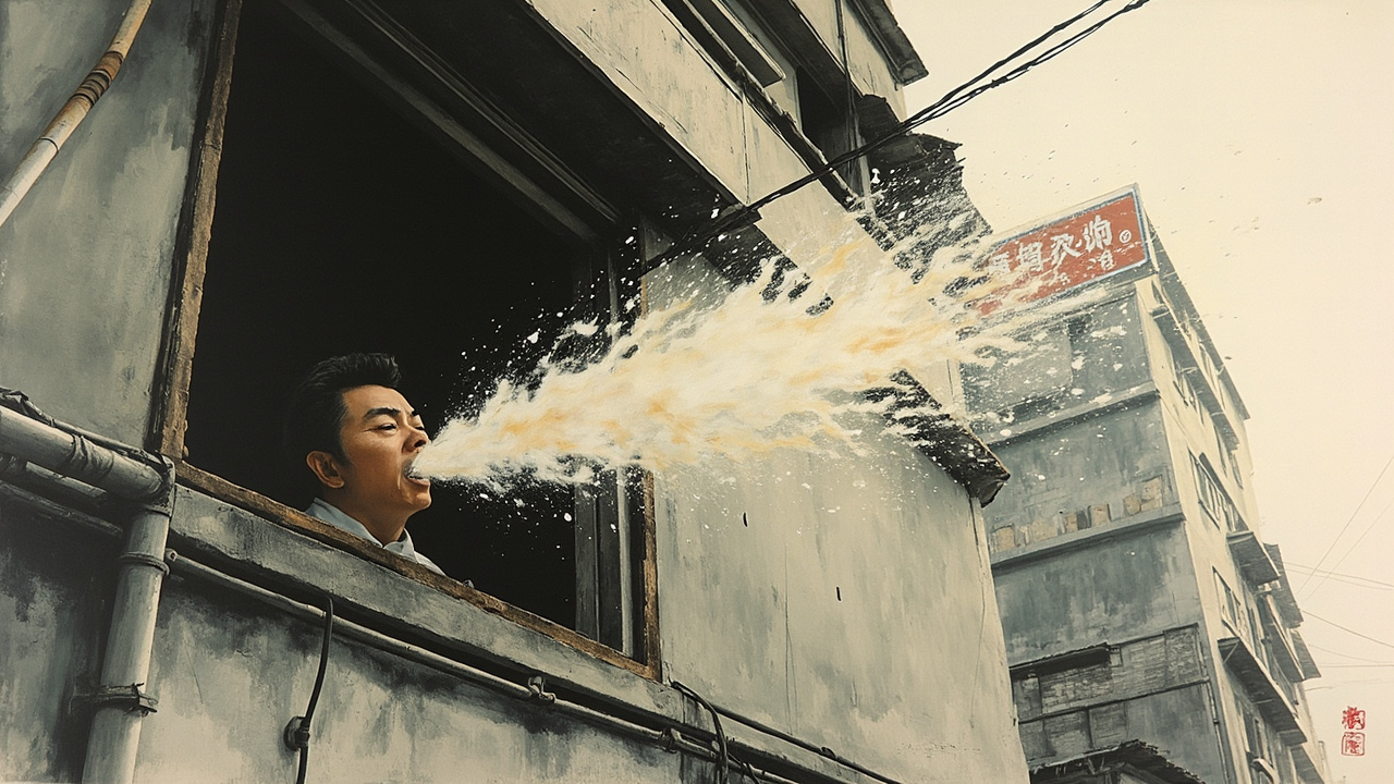 不时地有一些赤红的脑袋从铝合金的窗框里探出来,喷吐出一道道五颜六色的粥状物。