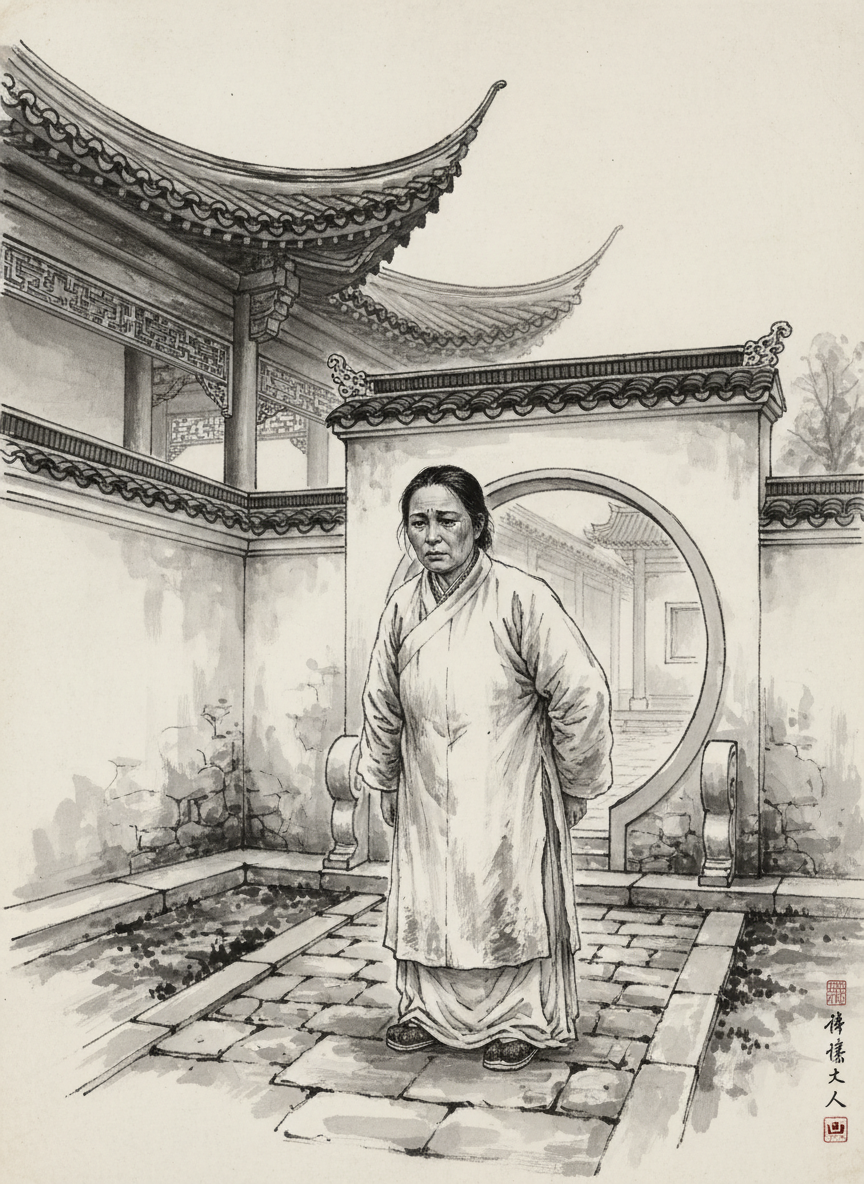 一个披麻戴孝的中年妇女哭嚎着走进院子,她的眼睛肿成水泡,只剩下两条黑色的缝。