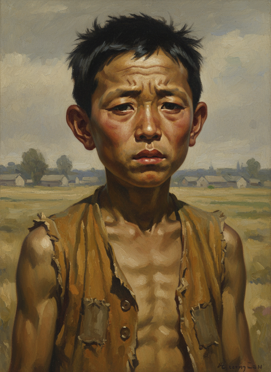 小男孩生着一颗圆溜溜的大脑袋,两扇招风耳朵,额头上布满皱纹,漆黑的大眼睛里,流溢着与他的年龄不相称的绝望的光芒。