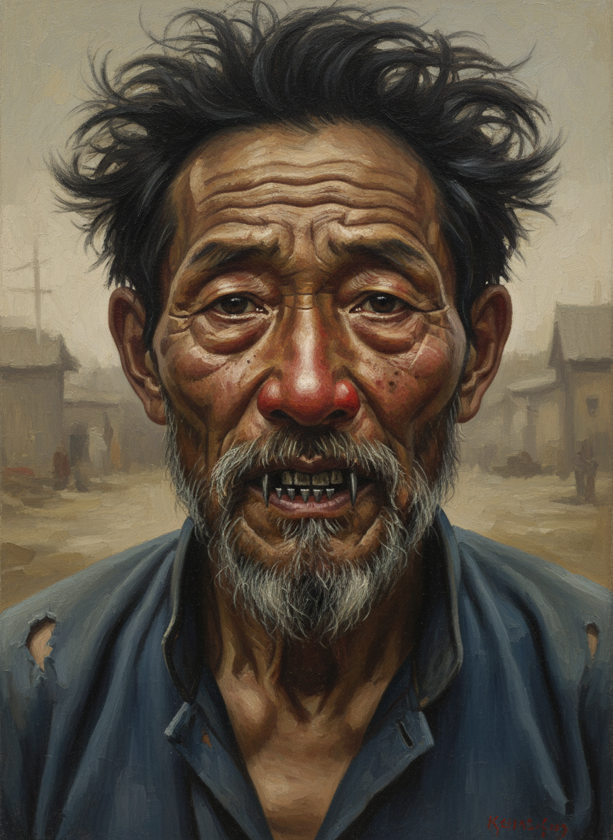 他生着砖红色的乱发,瓦蓝的眼睛,通红的大鼻子,粗疏的黄胡子,嘴巴里镶着耙齿一样的铁牙。