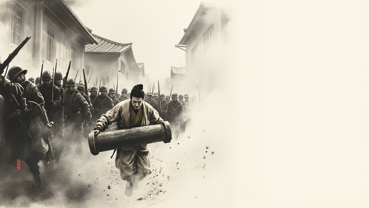陈瞎子拖着一根磨棍毛毛愣愣地撞到德国兵队中,大声问:“鬼子在哪儿,鬼子在哪儿?”