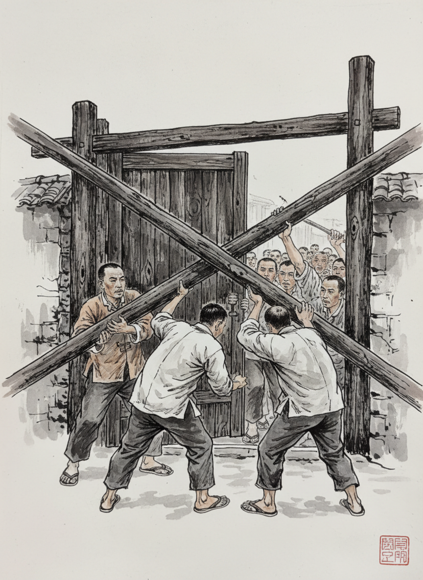 红枪队长杜解元来不及召集队伍,只能把十几个家丁和长工集合起来,用枣木杠子顶上大门。