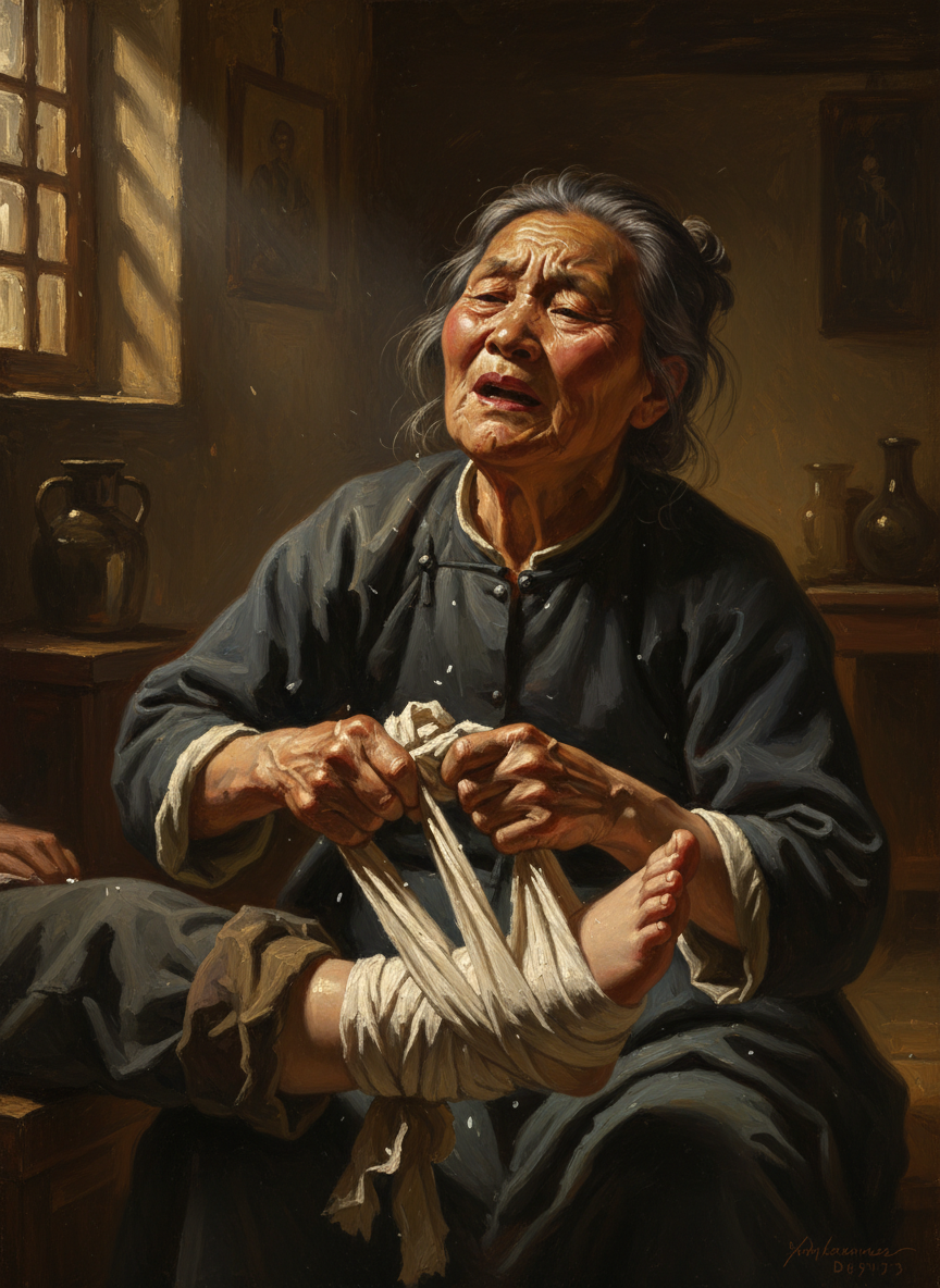 她用竹片把母亲的脚夹起来，夹得母亲像杀猪一样嚎叫，然后用洒了明矾的裹脚布千层万层一层紧似一层地缠起来，缠紧了再用小木棰均匀地敲一遍。