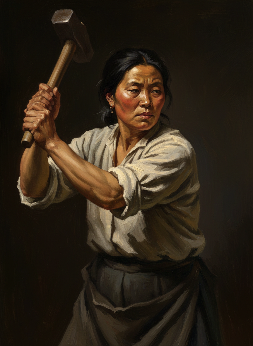 在她抡大锤时,农人们的目光多半盯着她胸前那对乳房,它们上蹿下跳,片刻不得安宁。