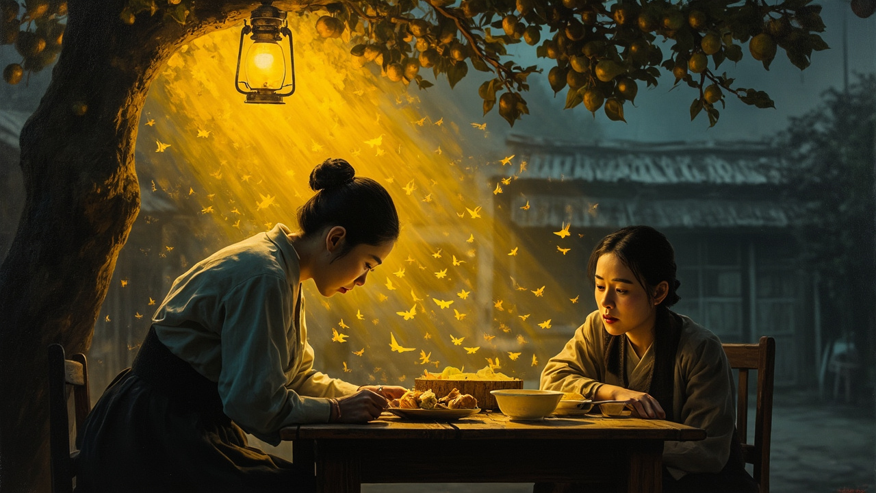 晚饭就在梨树下摆开,一盏昏黄的马灯,挂在梨树杈上,吸引来成群的飞蛾,扑得灯罩啪啪响。