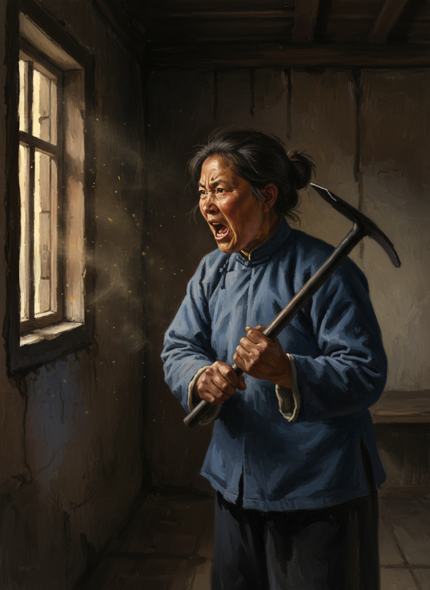 她用铁钳敲打着窗户,吼道:“我说你呐,你给我装聋作哑听不到是怎么的?”