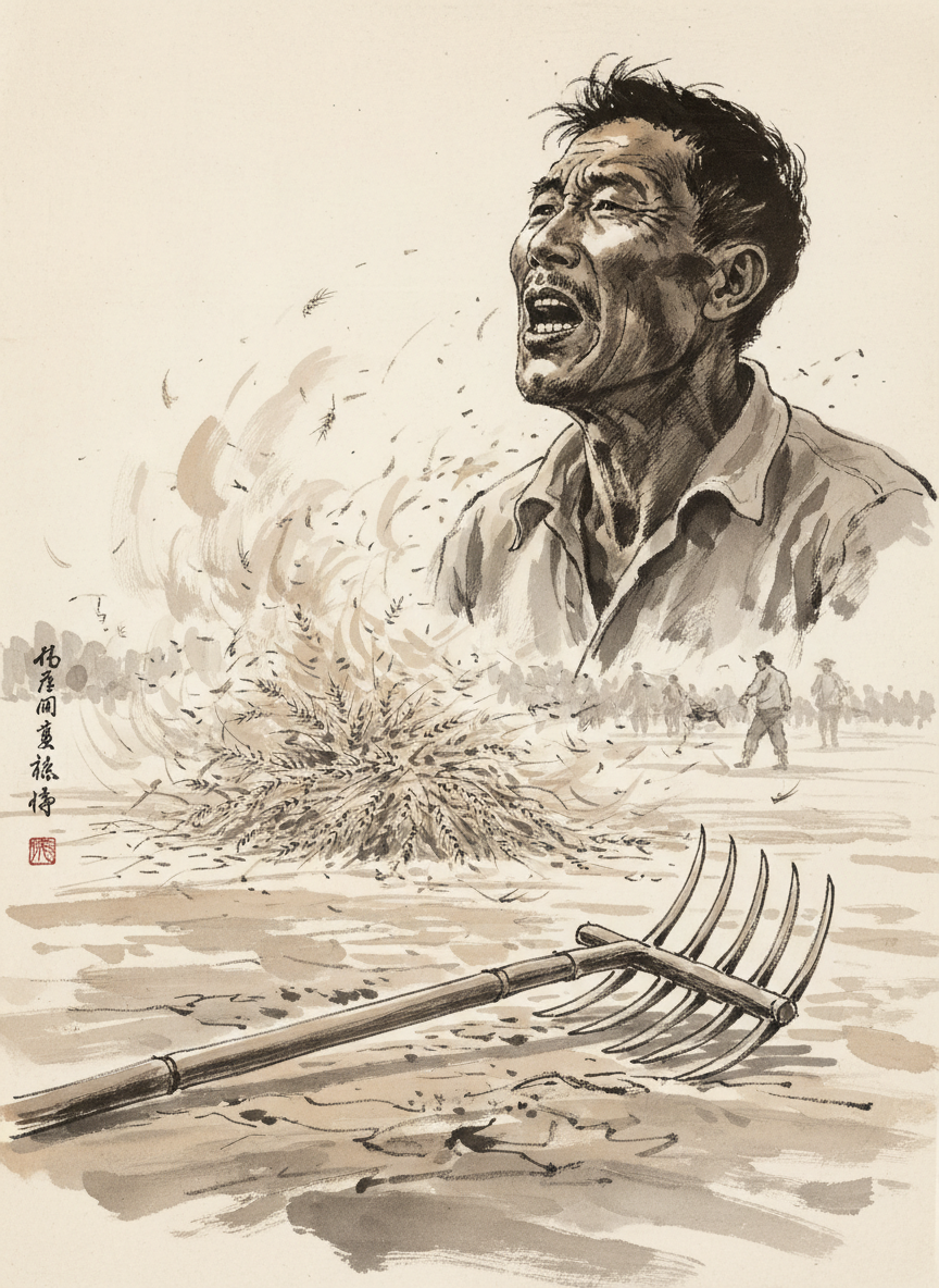 她听到被太阳晒得像小烧鸡一样的丈夫,沙哑地嗓子怒吼着:“别装死,快起来翻场!”