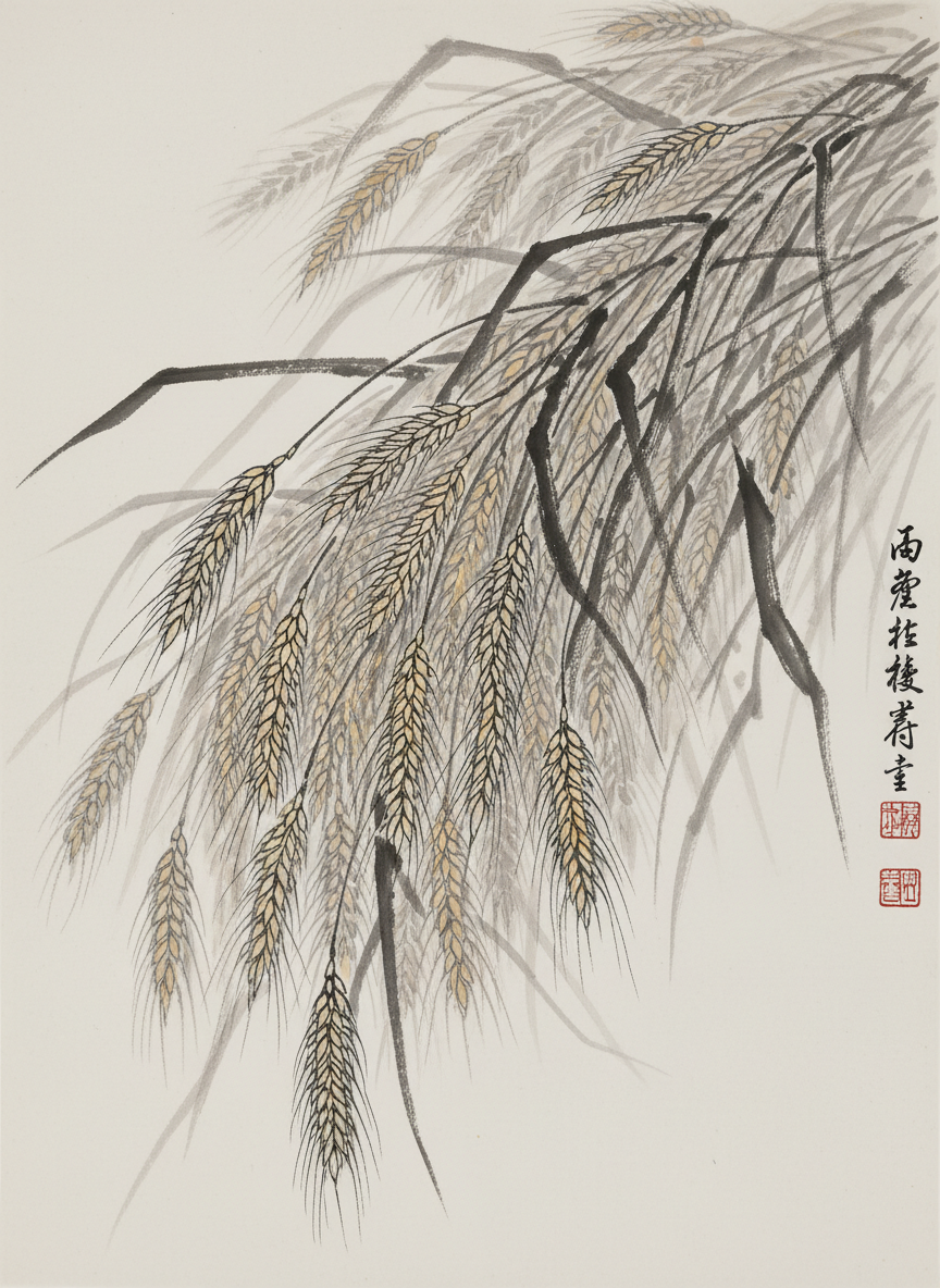 麦穗儿哗啦啦地响着,像金子铸成的小鱼儿,沉甸甸地从杈缝里滑落,脱落下来的麦粒,窸窸窣窣地响着。
