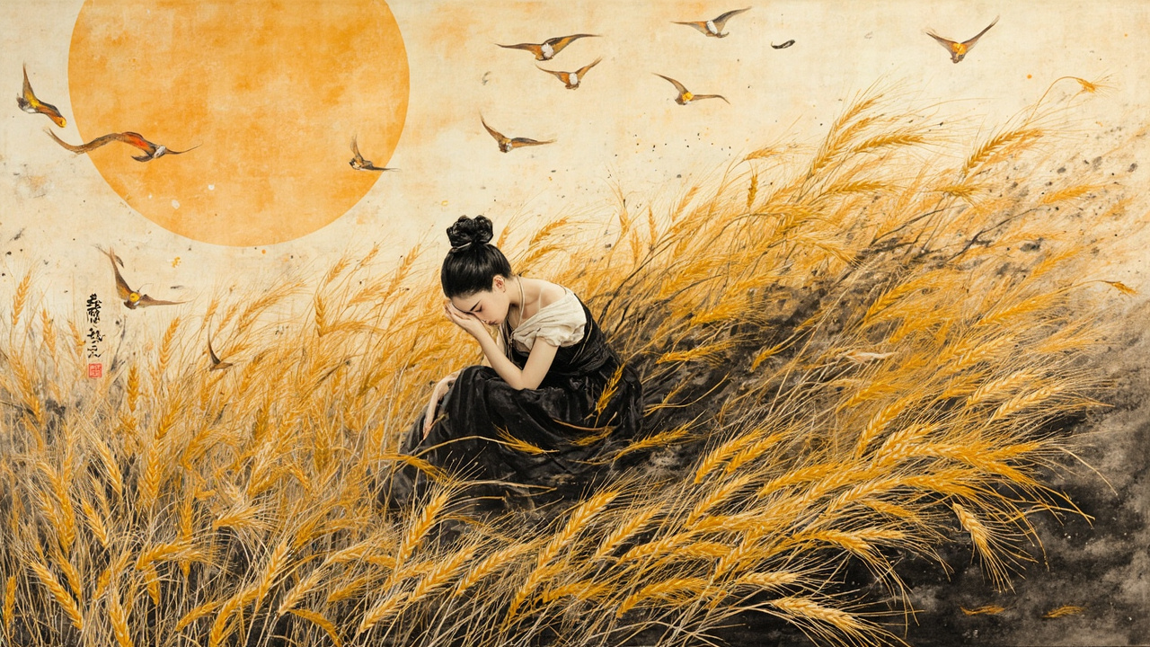 场上一片金光闪,那些麦穗儿仿佛都活泼泼的,成群结队、拥拥挤挤,万万千千的小金鱼儿,千千万万狂舞着的蛇。
