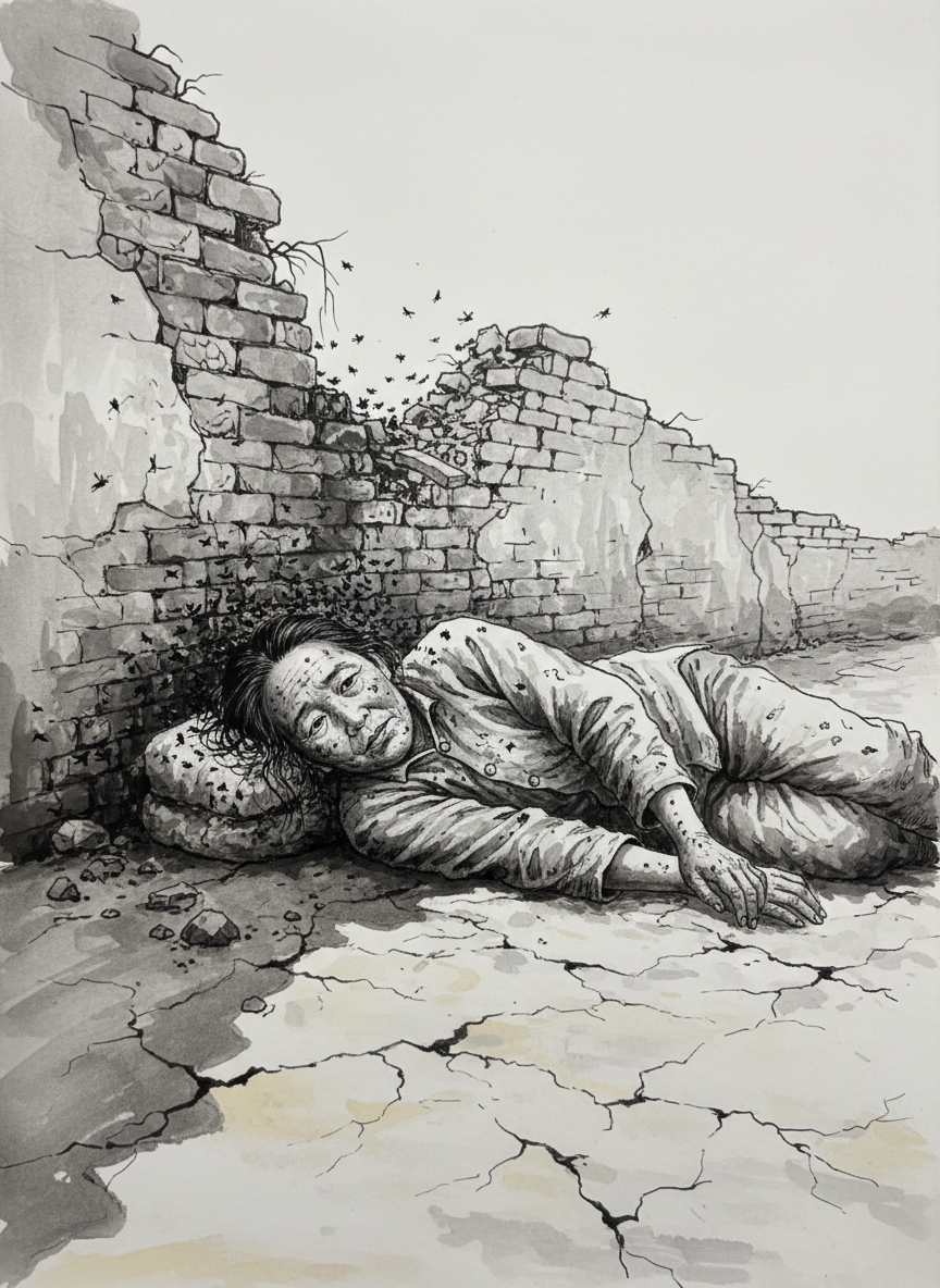 母亲醒过来时,发现自己躺在断墙的淡薄的阴影里,满身泥土,吸引来成群的苍蝇,像一条将死末死的狗。