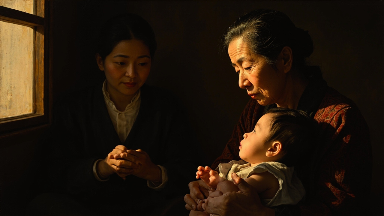 婆婆提着呱呱哭叫的女婴，压低了嗓门问道：“你说实话吧，和尚的事，可是真的？”
