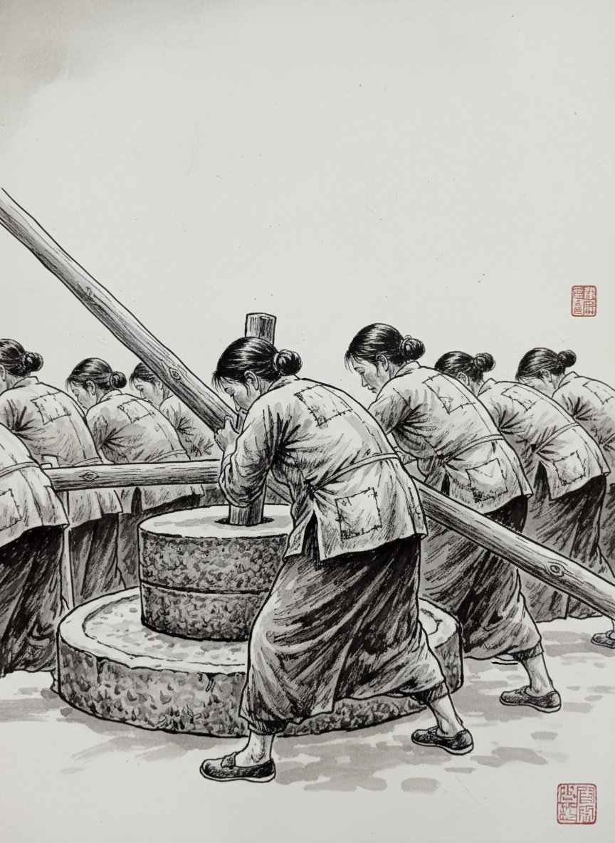 女人们抱怨着,弓着腰,拉着大石磨,轰隆轰隆,急一阵慢一阵,汗水滴落,湿了磨道,肚里噜噜响,满腹的气体,肚皮膨胀,当着麻邦连屁都不敢放。