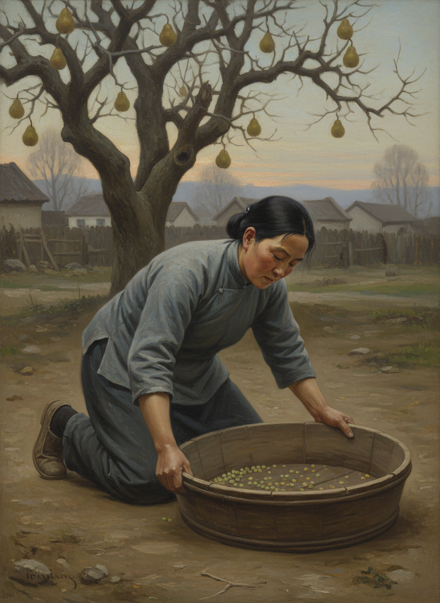 娘双膝跪地,手抓着盆沿,双肩起伏,脖子探出又缩进,那么可怕那么惊人的美丽,那么庄严的雕塑。