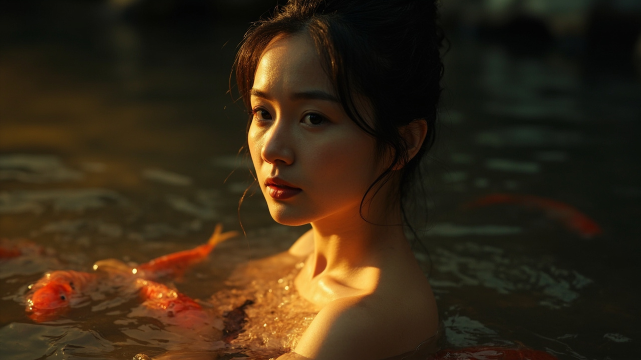 河水渐渐淹没了你的腿,淹没了你的脐,淹没了你的双乳,鱼儿欢快又感动地啄着你的乳头,你的双乳照亮了幽暗的水面。