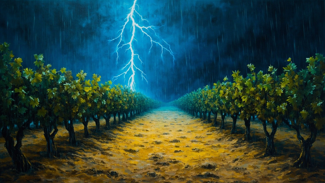 是时正是深夜,大雨如注,蓝色的闪电不时地照亮沙地上一望无际的葡萄园。
