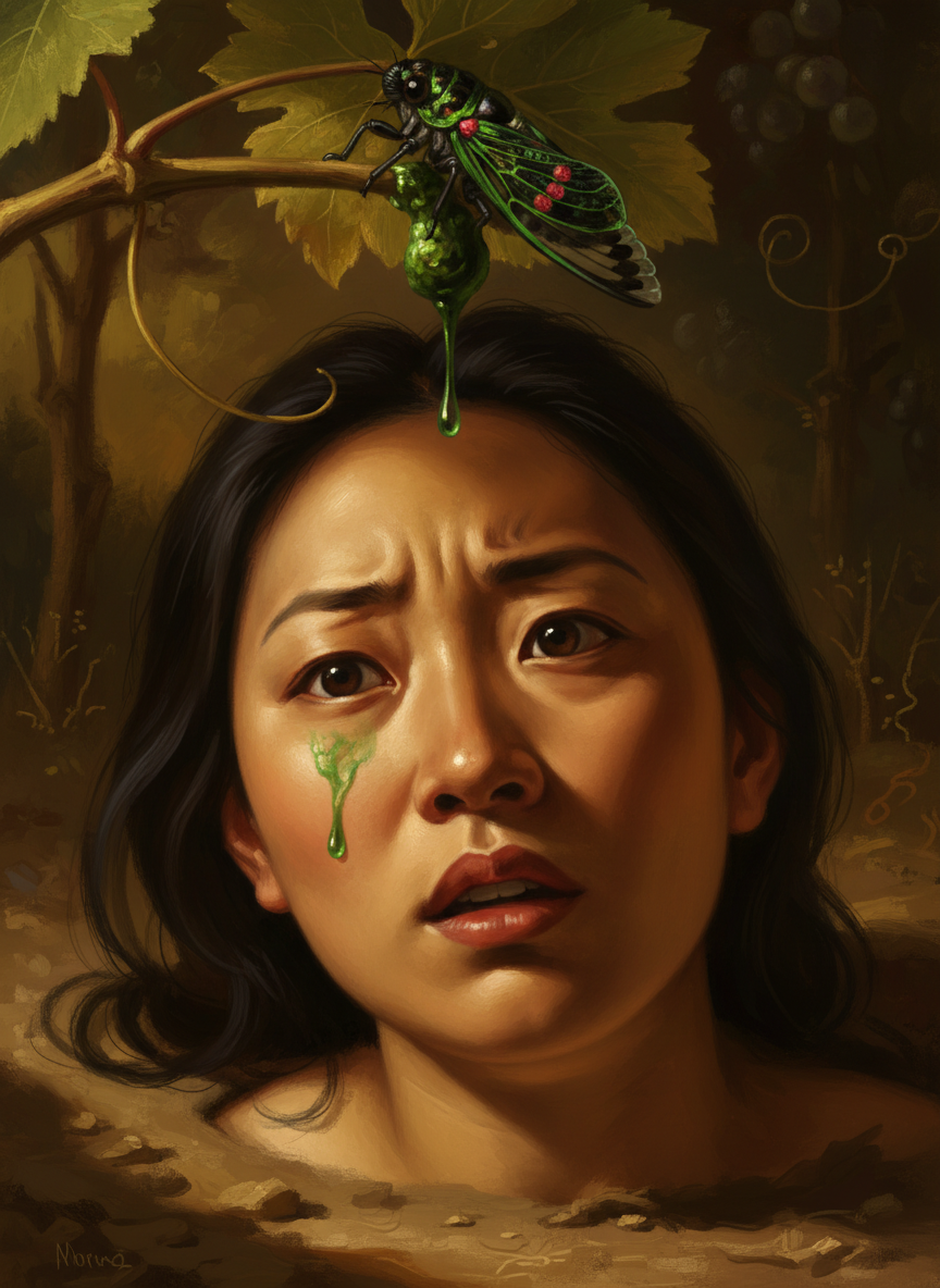一只啮咬葡萄叶子的肥胖大虫子宛如一只色彩斑斓的猛虎,雄踞在叶梗上,昂着有棱有角的头,它排出的翠绿的粪便淋漓在六姐在脸上。