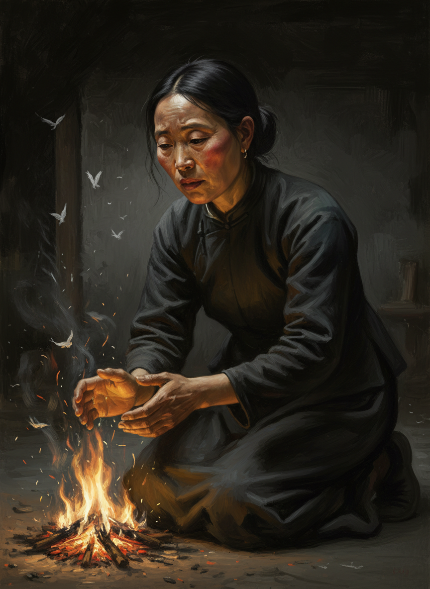 化纸的火光在暗夜中闪烁,白色的纸灰从火焰中飞起来,飞到火光照不见的黑暗中去。