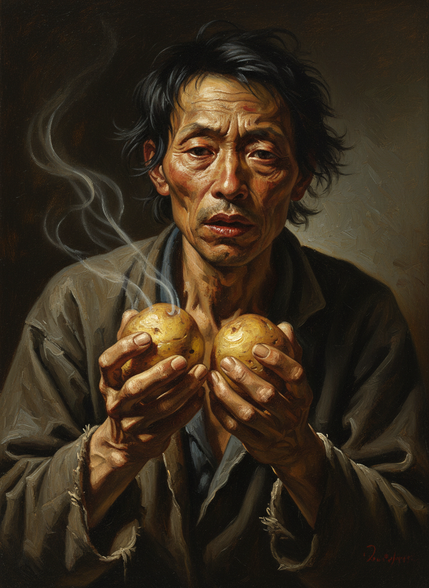 土豆散发着惊心动魄的香气,吸引了鸟儿韩的全部感觉,他的眼睛一阵昏眩,那两个土豆恍若两个调皮的、仿佛随时都会跑掉的松鼠,他不顾一切地抓住了它们,他听到它们在自己手中吱吱哟哟地尖叫着。