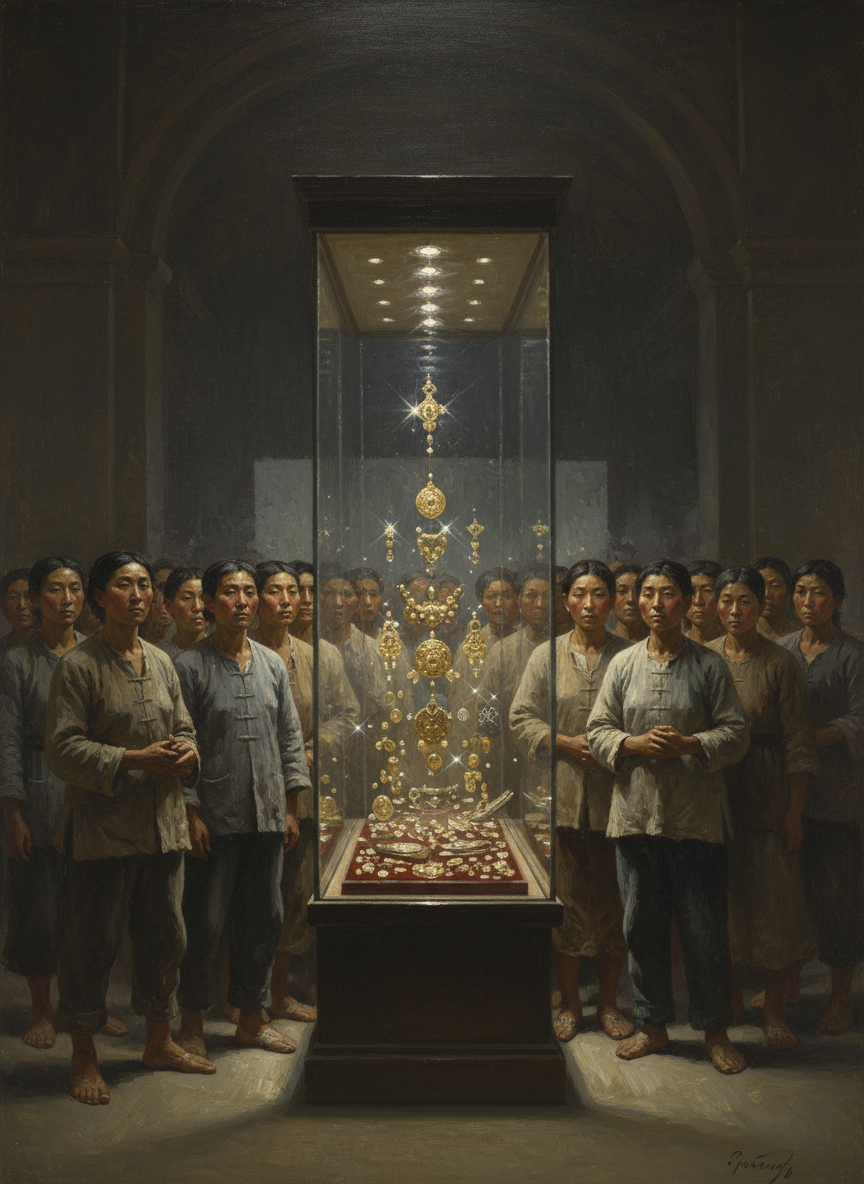 可恶的公社干部把四姐的终生积蓄摆在一个玻璃柜里供人参观，那些金银财宝光芒四射，照花了百姓们的眼。