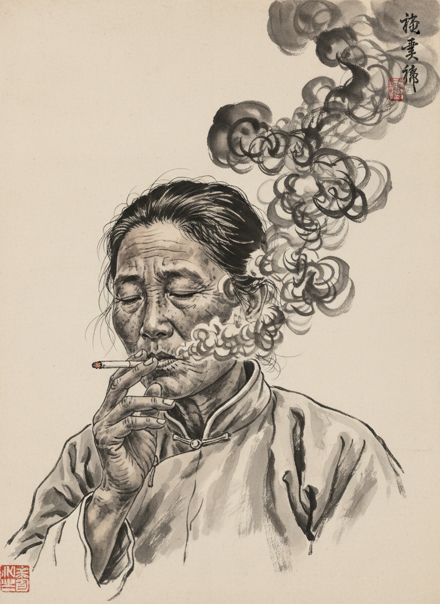 她嘬嘴缩腮，深深地吸着，烟头的火噼噼啪啪地响着，劣质香烟，散发出燃烧破布的臭味。