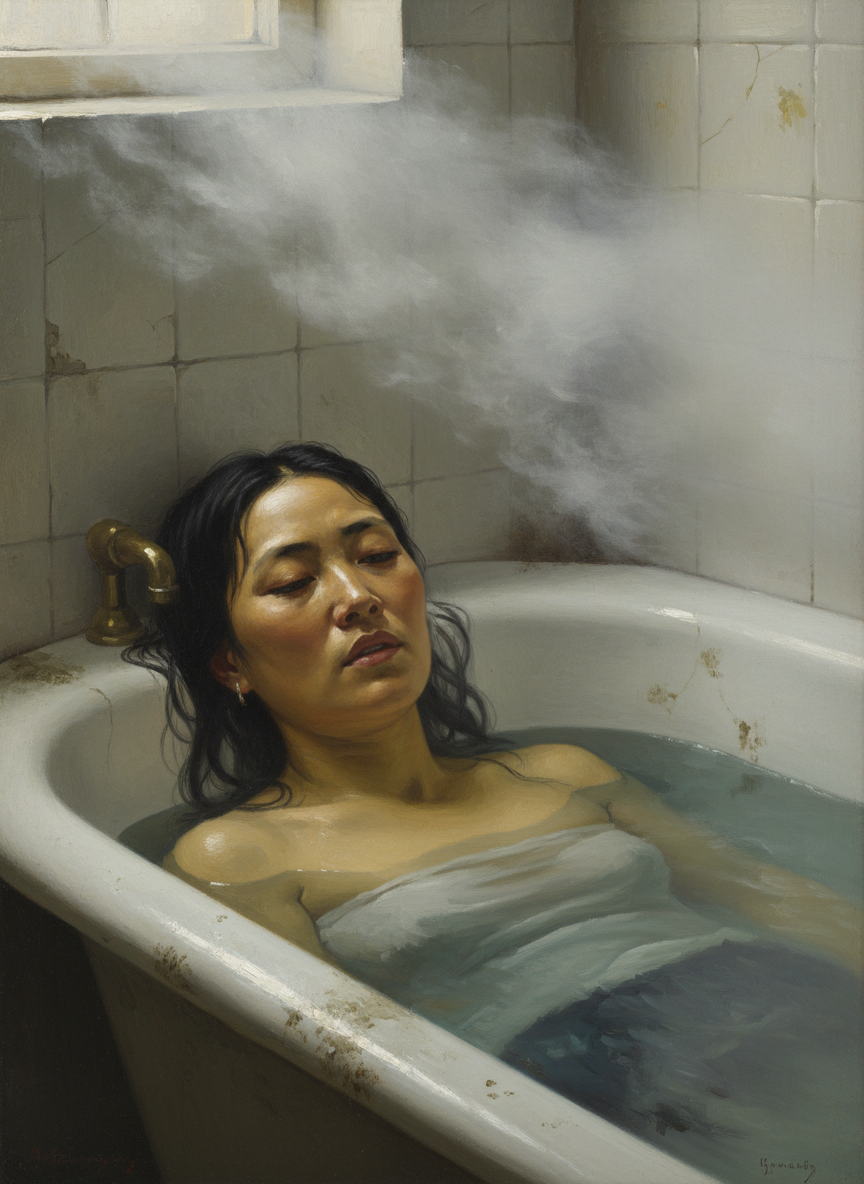 她疲乏地躺在澡盆里,呆呆地望着袅袅上升的蒸气,听到隔壁卫生间抽水马桶的哗哗响声。
