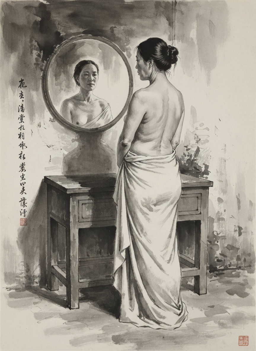 她在镜前擦体,看到自己虽近半百,但仍然奶是挺的,腰是卡的,肚是扁的。