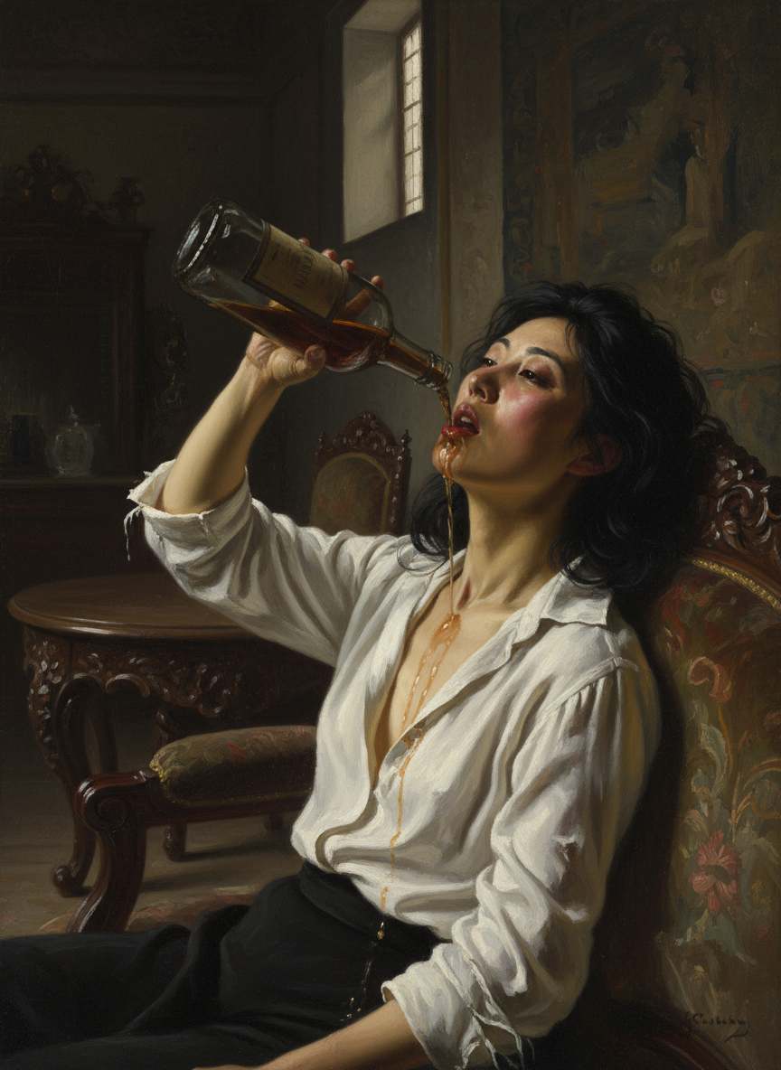 鲁胜利断断续续地说着,将那瓶名贵洋酒往嘴里倒,瓶子里发出咕嘟咕嘟的声响,美丽的酒浆淋漓着,少量落进她大张开的娇媚的嘴,大量的浇在她的下巴上,沿着脖子,流向胸脯,使那两只醉醺醺的奶子上,挂上了一层金色的薄壳…