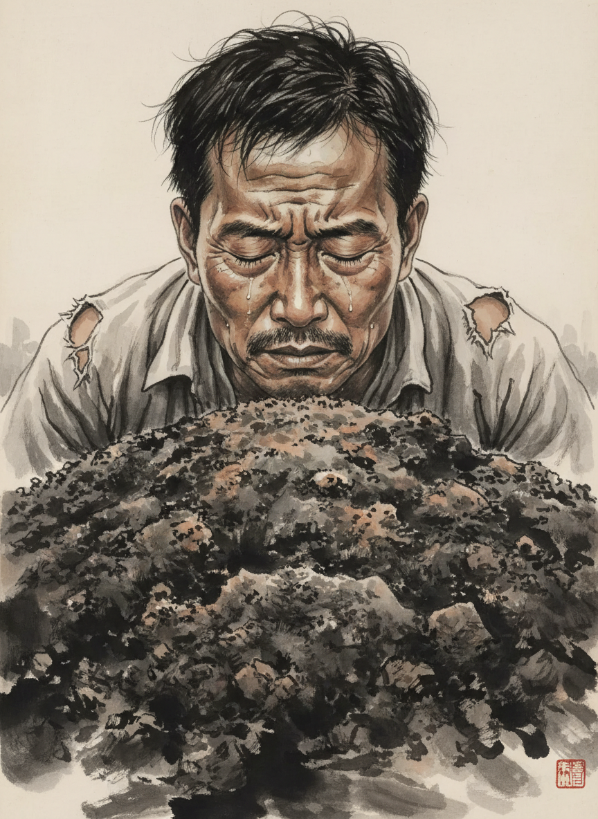 他把因被圣灵感动而充血发烫的脸，埋伏在母亲坟头的湿土上，他嗅到了血的气味，汗的气味。