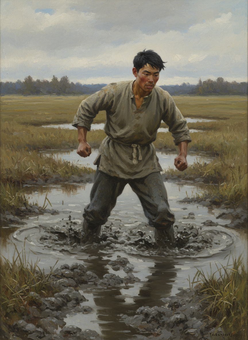 小伙子很踊跃地跳下去,噗噗哧哧地踩着烂泥往前走,淤泥陷到他的膝盖处,他走得有点吃力。
